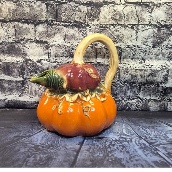 Vintage Pumpkin Gourd Double Pitcher Thanksgiving Fall Majolica Style - Picture 2 of 8